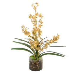 Waterlook® Gold-Green Oncidium Orchid Garden Mix in Clear Cylinder Glass Vase