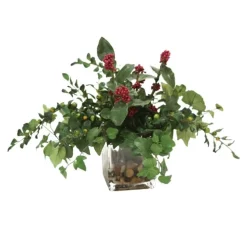 Waterlook® Mixed Greenery, Plum Berries in Glass Cube