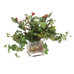 Waterlook® Mixed Greenery, Burgundy-Green Berries in Glass Cube