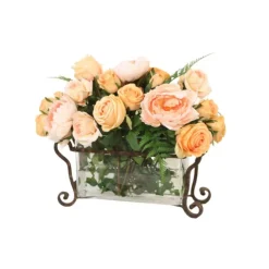 Waterlook® Peach and Champagne Roses in Rectangle Glass Planter with Metal Stand