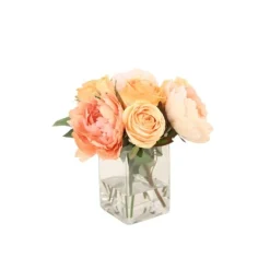 Waterlook® Peach Roses in Square Glass Vase