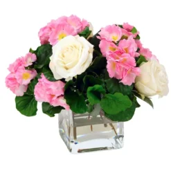 Waterlook® Pink Primrose with White Roses in Glass