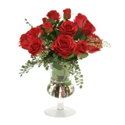 Waterlook® Red Roses and Fern in Clear Glass Urn