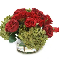 Waterlook® Red Roses, Celosia, Breen Brown Hydrangeas in Glass Cylinder