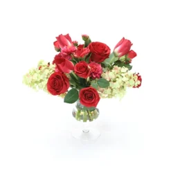 Waterlook® Red Roses, Tulips and Dahlias with Cream Green Hydrangeas in Clear Glass Urn