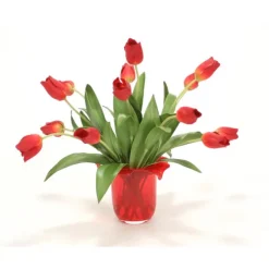 Waterlook® Red Tulips in Red Glass Vase