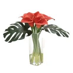 Waterlook® Rust Calla Lilies, Split Philo Leaves in Square Glass Vase