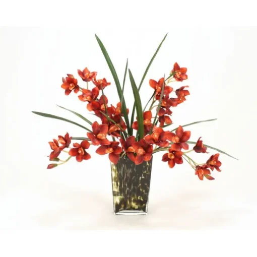 Waterlook® Rust Cymbidium Orchids with Foliage in Leopard-Spotted Glass Vase