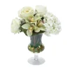 Waterlook® White Roses and Hydrangeas with Cymbidium Orchids in Clear Glass Urn