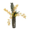 Yellow Orange Vanda Orchid and Cycas Palm with Honeycomb in Open Weave Vase