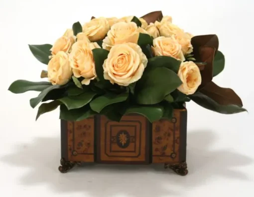 Yellow Roses, Magnolia Foliage in Chocolate Brown Wood Planter